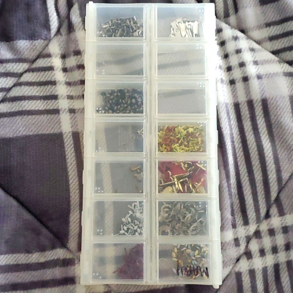Brads Embellishments w/tray Hearts XO Stars Squares Red White